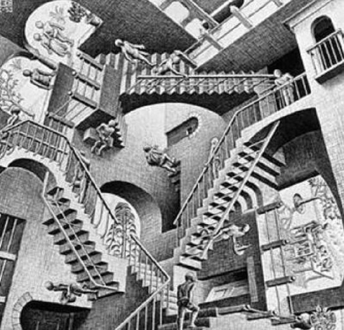 Relativiteit is de titel van deze lithografie die Escher in 1953 maakte.