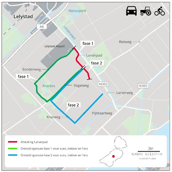 Het Larserpad is tijdens de werkzaamheden afgesloten voor het verkeer, met wisselende omleidingsroutes.