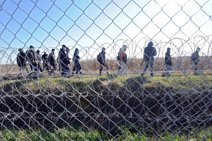 Migranten op Servisch territorium, bij een grenshek aan de Hongaarse grens (Archiefbeeld).
