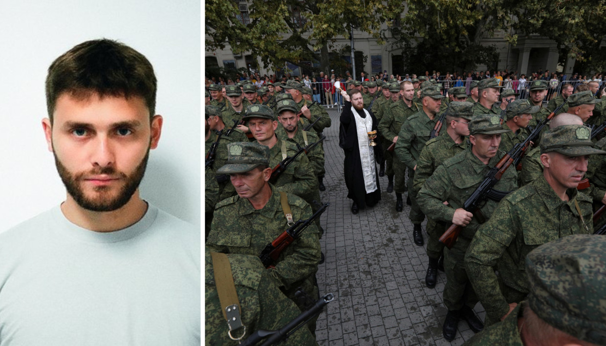 Links: Ilia Krasilsjtsjik. Rechts: een priester zegent nieuwe rekruten in Sebastopol op de Krim. Beeld Wilson Center, Reuters