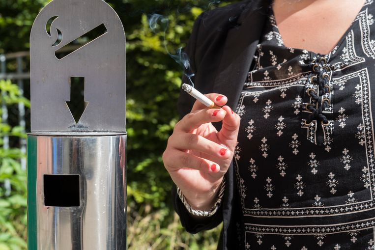 Een vrouw rookt in sigaret in het rookhok op de parkeerplaats van een bedrijf. Beeld Roos Koole, ANP XTRA