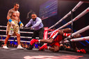 Evander Holyfield valt bijna de ring uit.