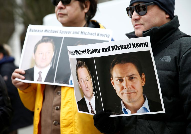 In Canada vragen demonstranten de vrijlating van Michael Spavor en Michael Kovrig. Beeld REUTERS