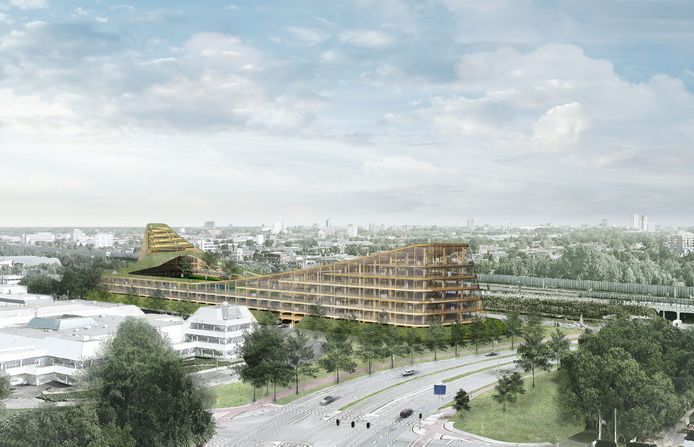 Het oude ontwerp van The Dutch Mountains toen het gebouw nog in Veldhoven zou komen te staan. Inmiddels worden plannen gemaakt voor de bouw in Eindhoven.