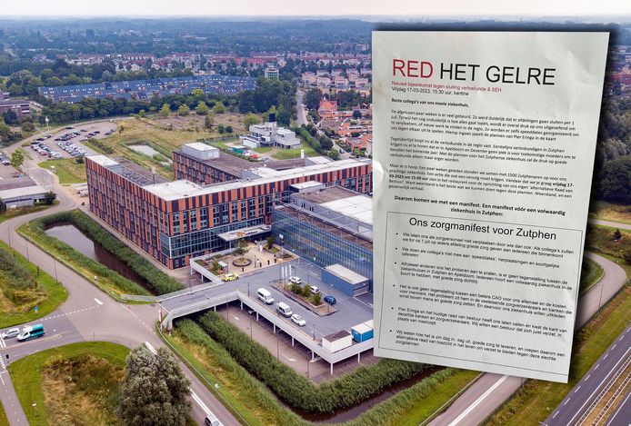Personeelsleden van het Gelre ziekenhuis in Zutphen hingen pamfletten (inzet) op in het ziekenhuis. Zij hebben geen vertrouwen meer in de leiding.