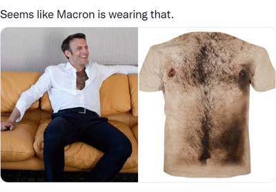 Het internet lachte zich deze week een deuk met het weelderige borsthaar van Macron, bekijk hier enkele van de vele memes
