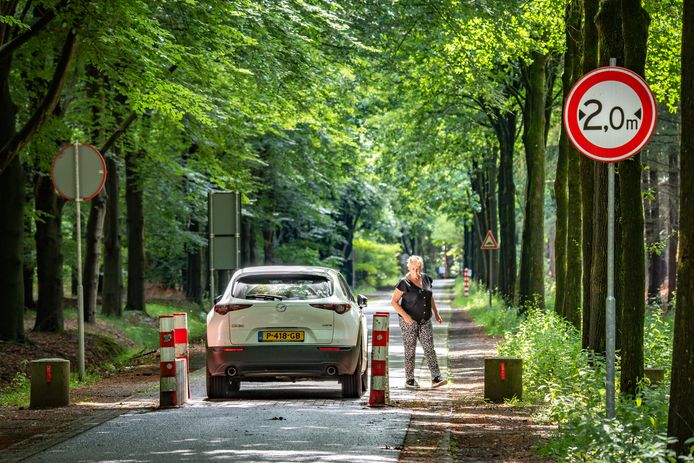 Wegversmalling Prins Hendriklaan Hilvarenbeek. Een mevrouw geeft haar man aanwijzingen bij de wegversmalling.