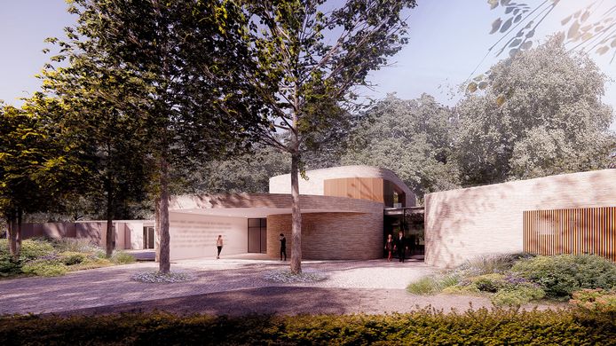 Een getekende impressie van het toekomstige crematorium aan de Docfalaan in Oss.