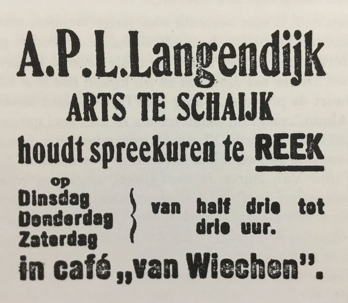 Advertentie uit de Graafse Courant van 1938: huisarts Langendijk uit Schaijk houdt spreekuur in café Van Wiechen.