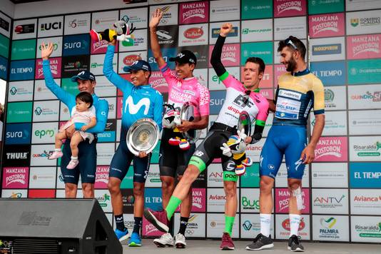 Colombiaanse renners (v.l.n.r.) vorig jaar: Dayer Quintana, Nairo Quintana (Movistar Team), eindwinnaar Bernal (Team Sky), Urán (Education First Team) en Gaviria (Quick-Step Floors).