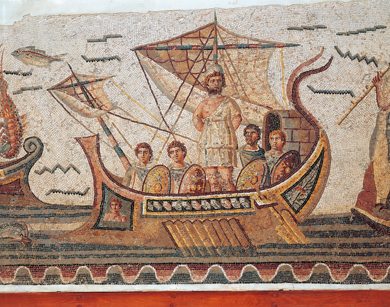 Mozaïek van Odysseus en zijn metgezellen op een boot, uit 260 na Christus.