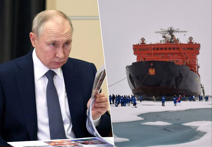 De Russische president Vladimir Poetin. Rechts een voorbeeld van een nucleaire ijsbreker.