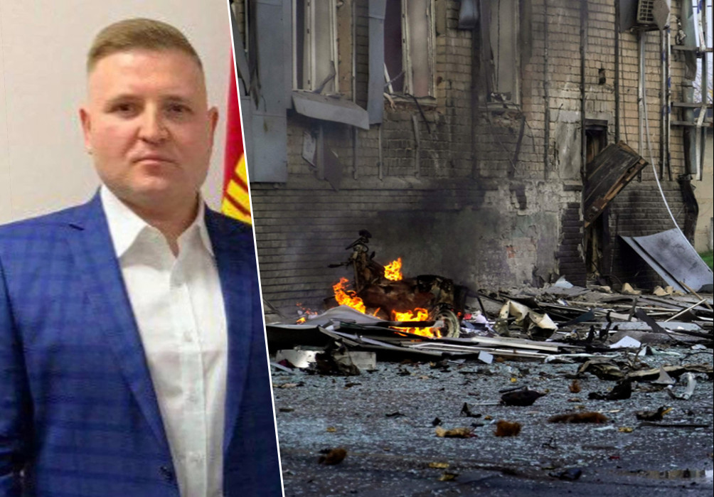 Nikolai Volyk, die door Rusland benoemd is tot hoofd van het stadsbestuur in Melitopol (links)/ Illustratiebeeld: de schade na een eerdere bomaanslag in Melitopol in oktober.