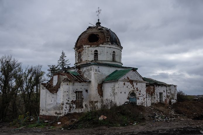 Een verwoeste kerk in Oekraïne.