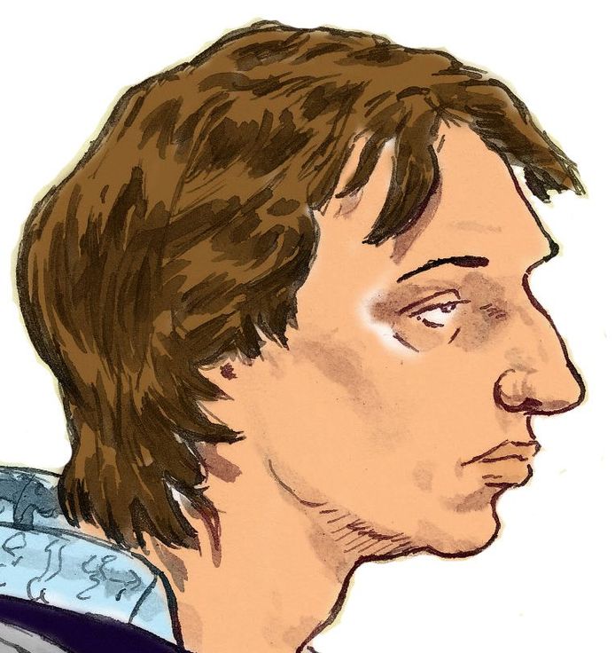 Rechtbanktekening van Thijs H. tijdens de pro-formazitting in de rechtbank van Maastricht.