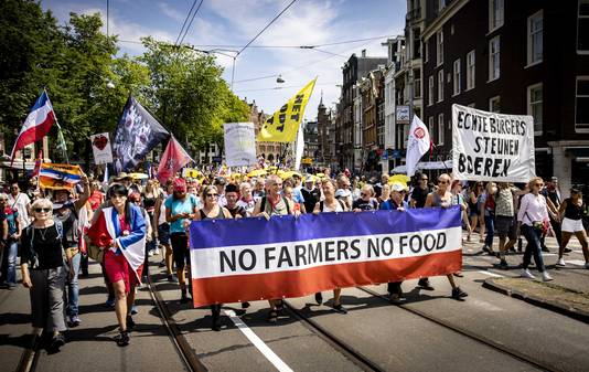 Sympathisanten van de actiegroep Nederland in Verzet demonstreerden gisteren in Amsterdam met een mars door de stad als steun voor de boeren, vissers en truckers.