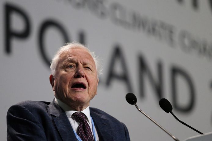 De Britse bioloog en tv-maker David Attenborough houdt een speech op de klimaattop in Polen.