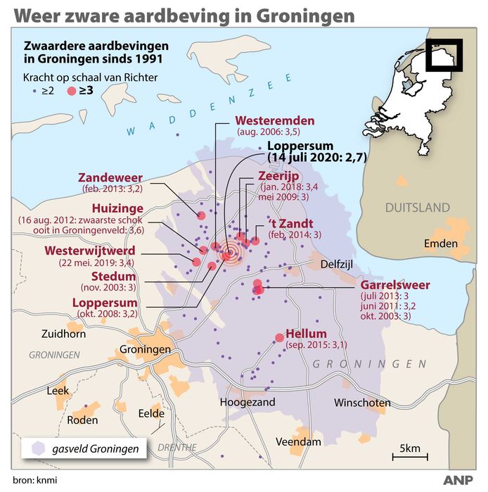 Overzicht van de zwaarste aardbevingen in Groningen sinds 1991.